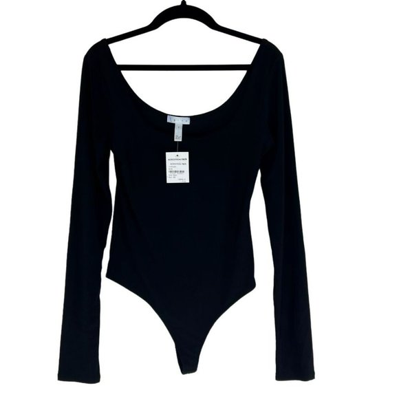 Leith Nordstrom Double Scoop Long Sleeve Thong Bodysuit - Women's Size Black - Picture 4 of 4